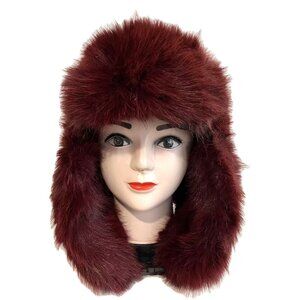 Women Winter Warm Fluffy Faux Fur Hat Earflap Russian Furry Trapper Hat-Burgundy
